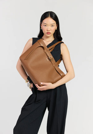 SABEN Tabby Shoulder Bag - Tan + Bronze brown pebbled leather tote bag