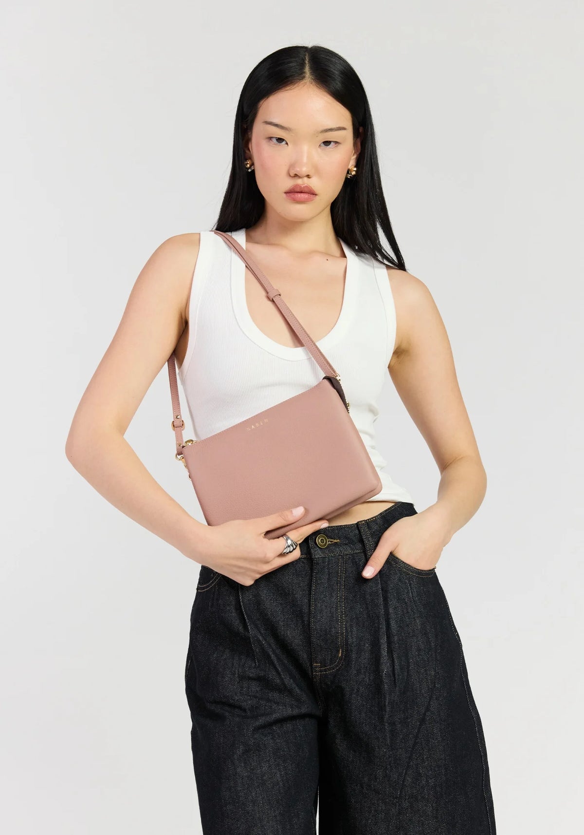 SABEN SS26 Tilly's Big Sis Crossbody - Rosewater dusty pink leather crossbody clutch bag