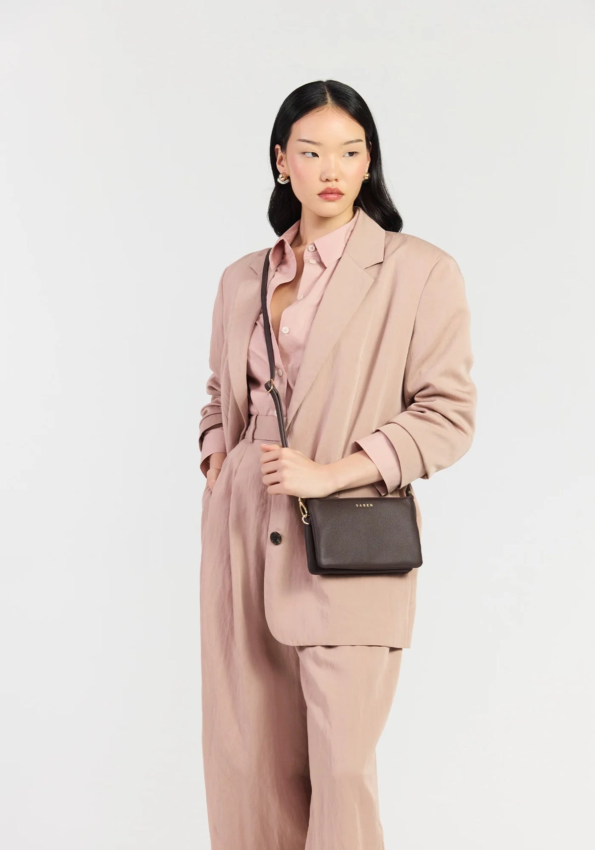 SABEN SS26 Tilly Crossbody - Cacao dark brown textured leather clutch bag
