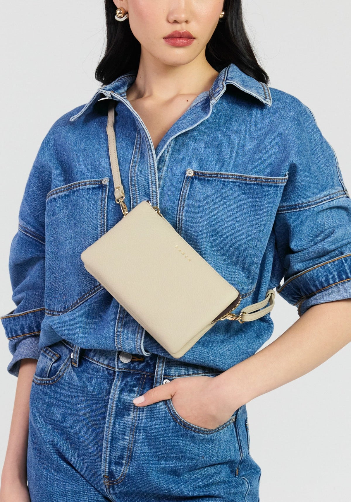 SABEN Tilly Crossbody - Oyster small beige leather wristlet pouch