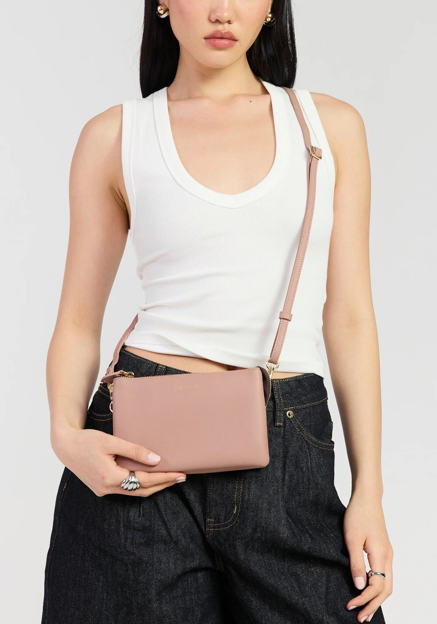 SABEN SS26 Tilly Crossbody - Rosewater dusty pink leather wristlet clutch Bag