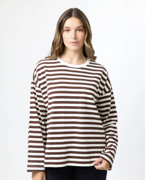 Stella+Gemma Drop Shoulder Tee - Choc Stripe brown and white striped sweater Top