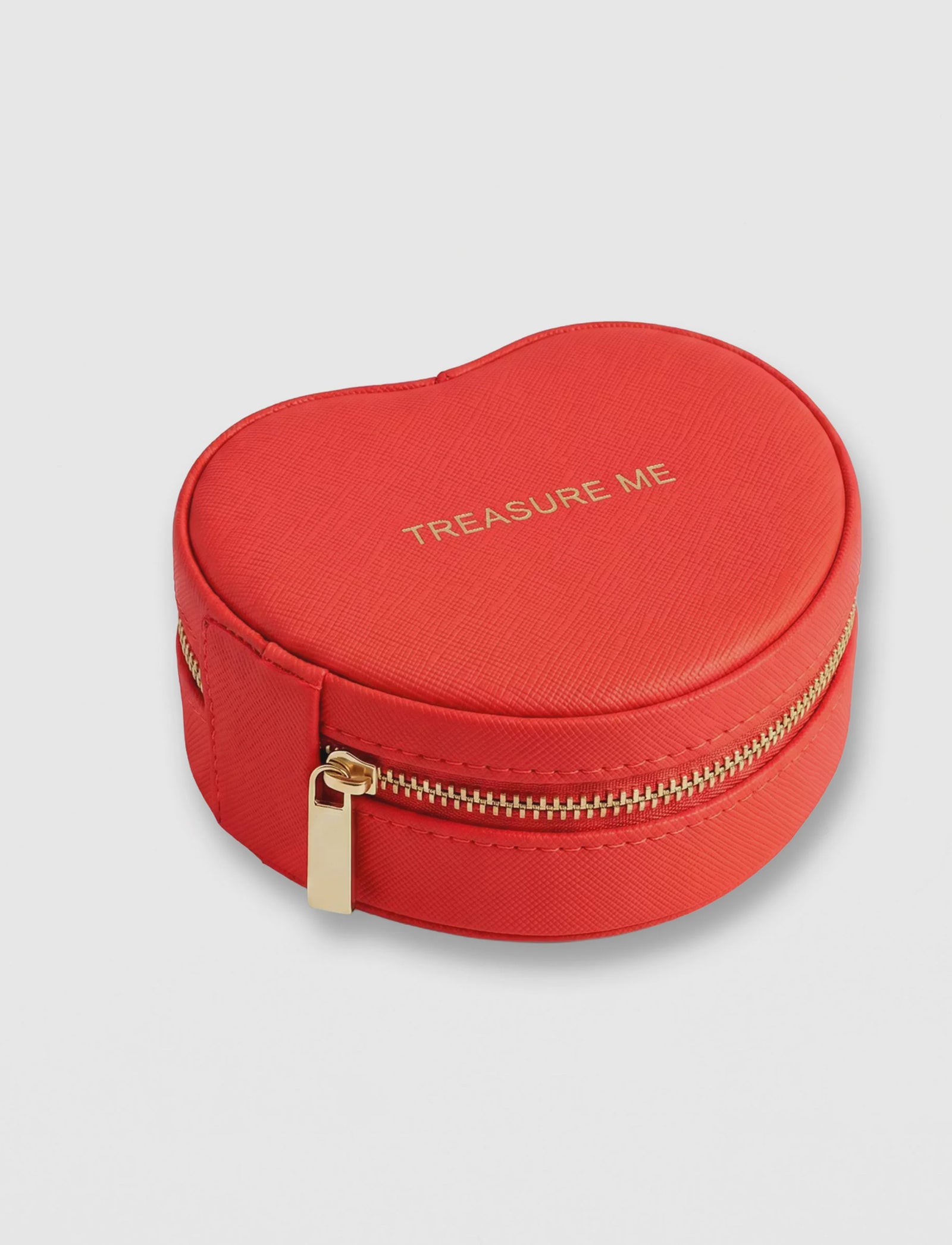 STELLA+GEMMA Jewel Box Heart - Coral Red heart-shaped jewelry box with 'Treasure Me' text