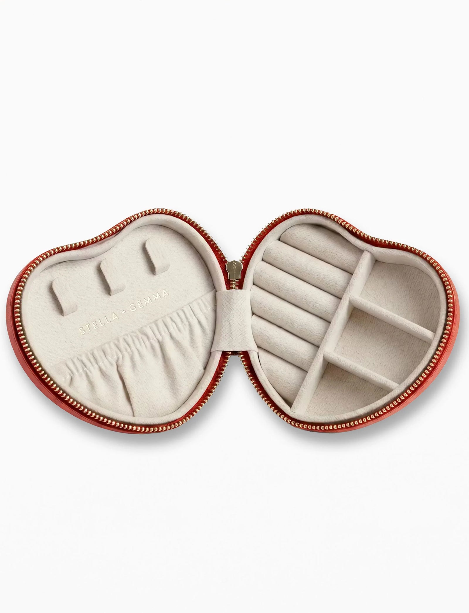 STELLA+GEMMA Jewel Box Heart - Coral Red heart-shaped jewelry box with 'Treasure Me' text