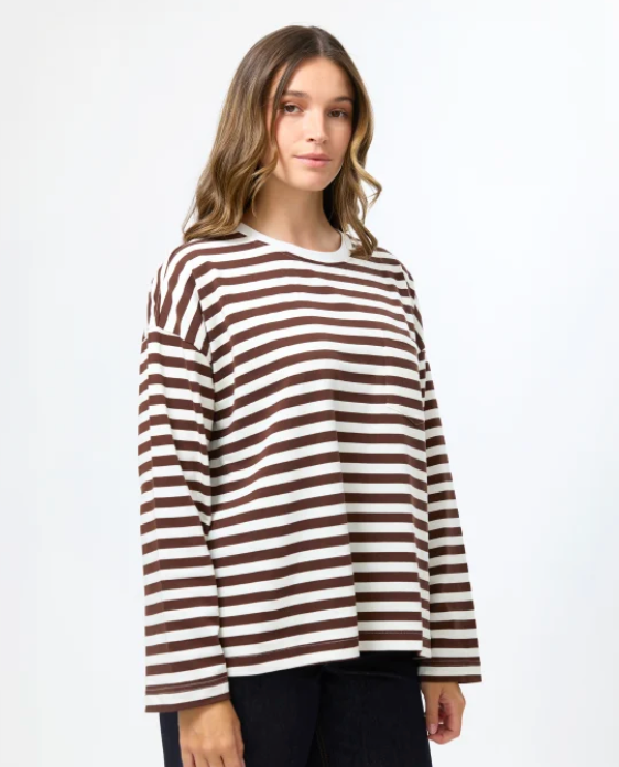 Stella+Gemma Drop Shoulder Tee - Choc Stripe brown and white striped sweater Top