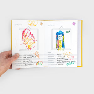 Suck UK My Height Chart A children's collapsible height chart book shown standing upright on a light gray background. The cover is white with bold yellow text reading 'MY HEIGHT CHART,' plus illustrations of folded pages and a young girl in a light blue dress standing beside the chart area.
