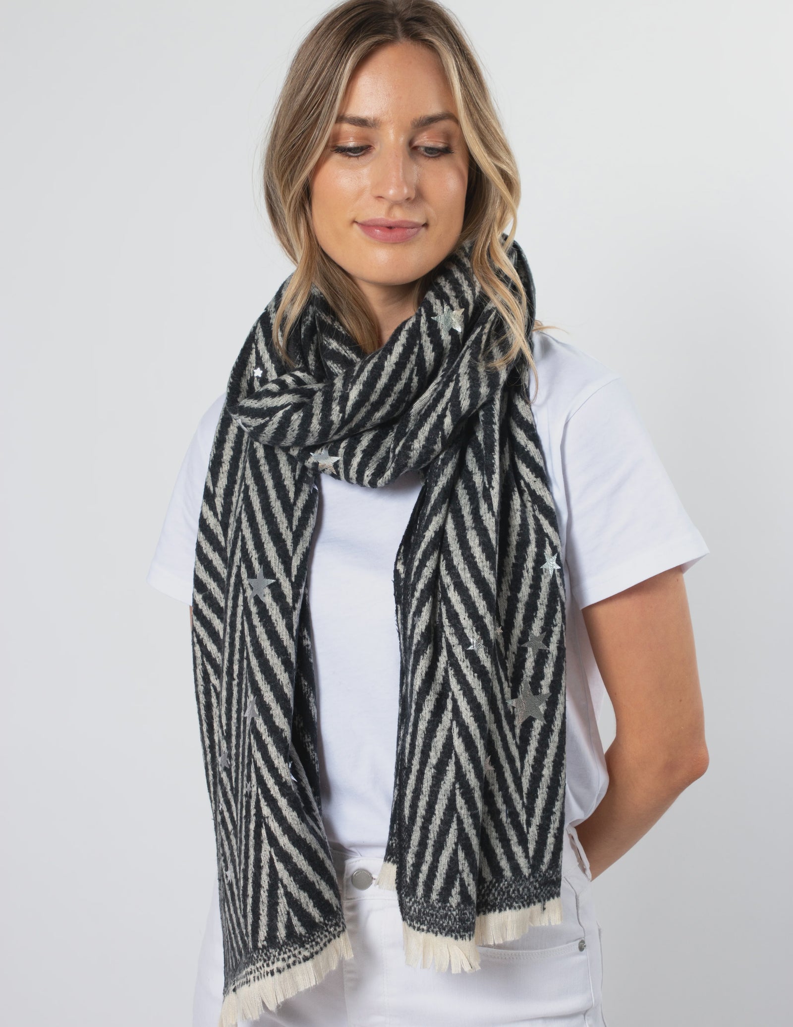 Stella Gemma Scarf - Diagonal Black Stripe with Silver Stars