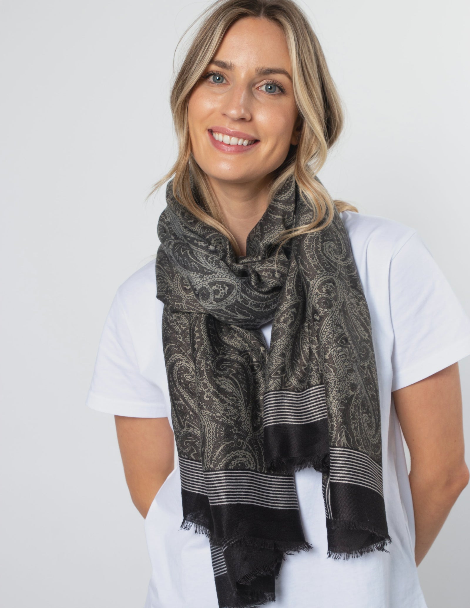 Stella Gemma Scarf - Paisley Print Black Khaki