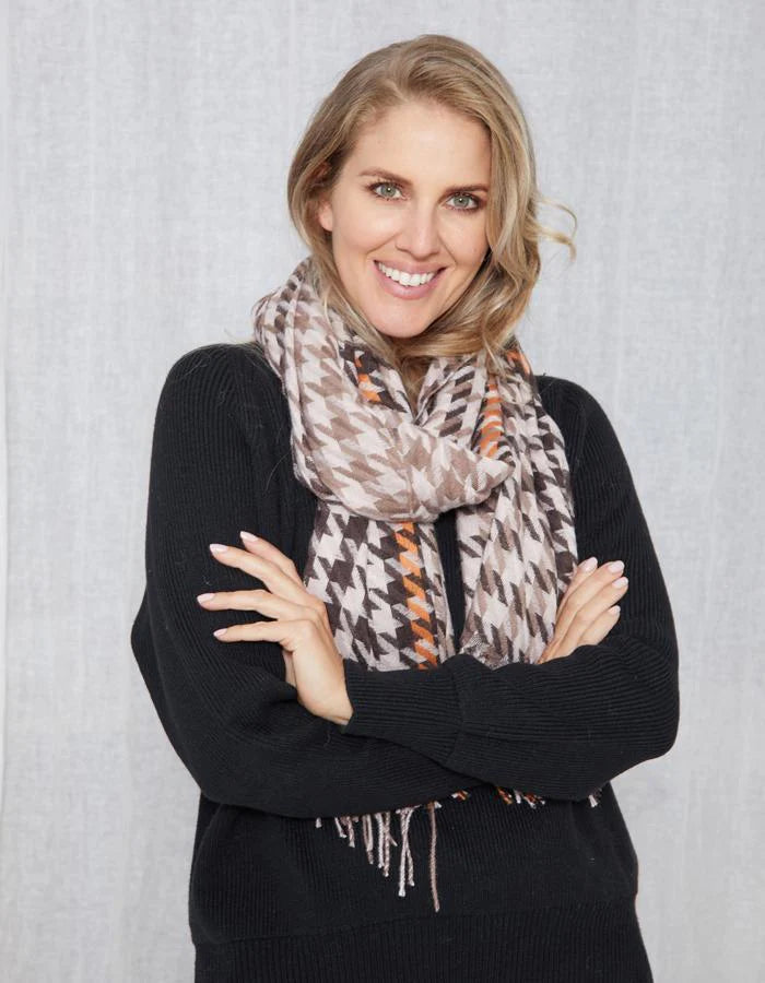 Stella Gemma Scarf - Brown/Blush/Orange Houndstooth