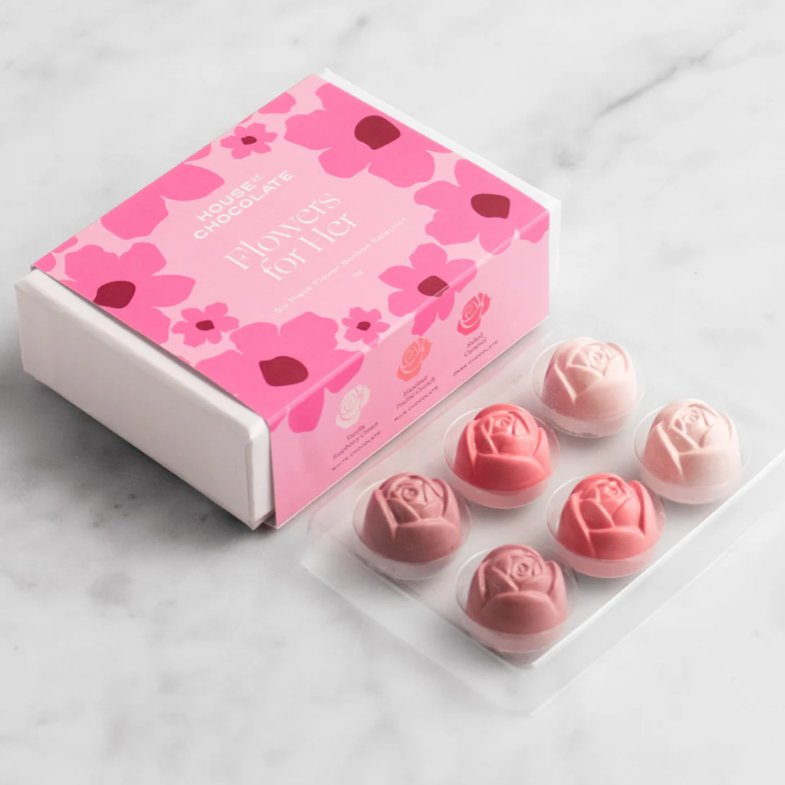 House of Chocolate Flowers for her Mother's Day A bouquet of six handcrafted rose shaped chocolate bonbons