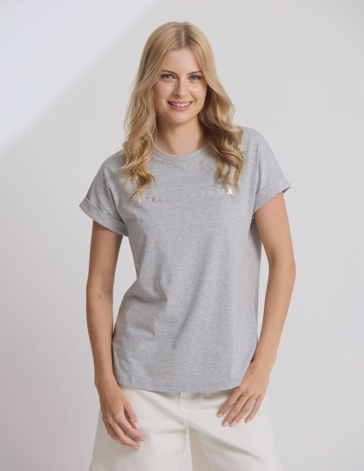 Stella+Gemma Sohu Cuff Crew  Tee - Grey Marle
