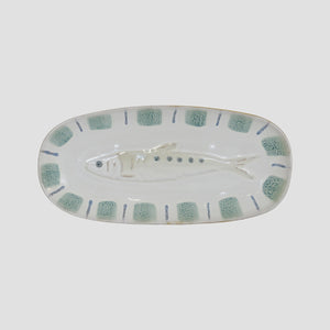 Sushi Plate Fish An oval ceramic serving platter featuring a molded fish in the center and a border of textured sage green squares with blue accents