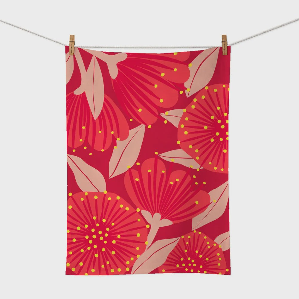 Bright Botanical Red Pohutukawa Tea Towel