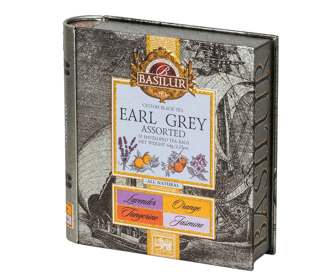 Basilur Tea Earl Grey Assorted tea box Large Tea Book - Earl Grey Collection - 32 Enveloped Tea Bags - 4 Flavours