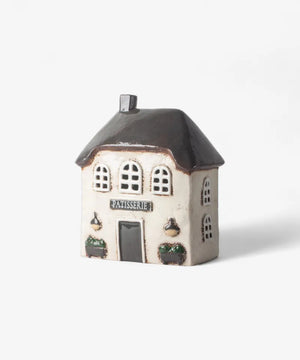 French Country Collections The Village Patisserie Tea Light Small ceramic house model with 'Patisserie' sign