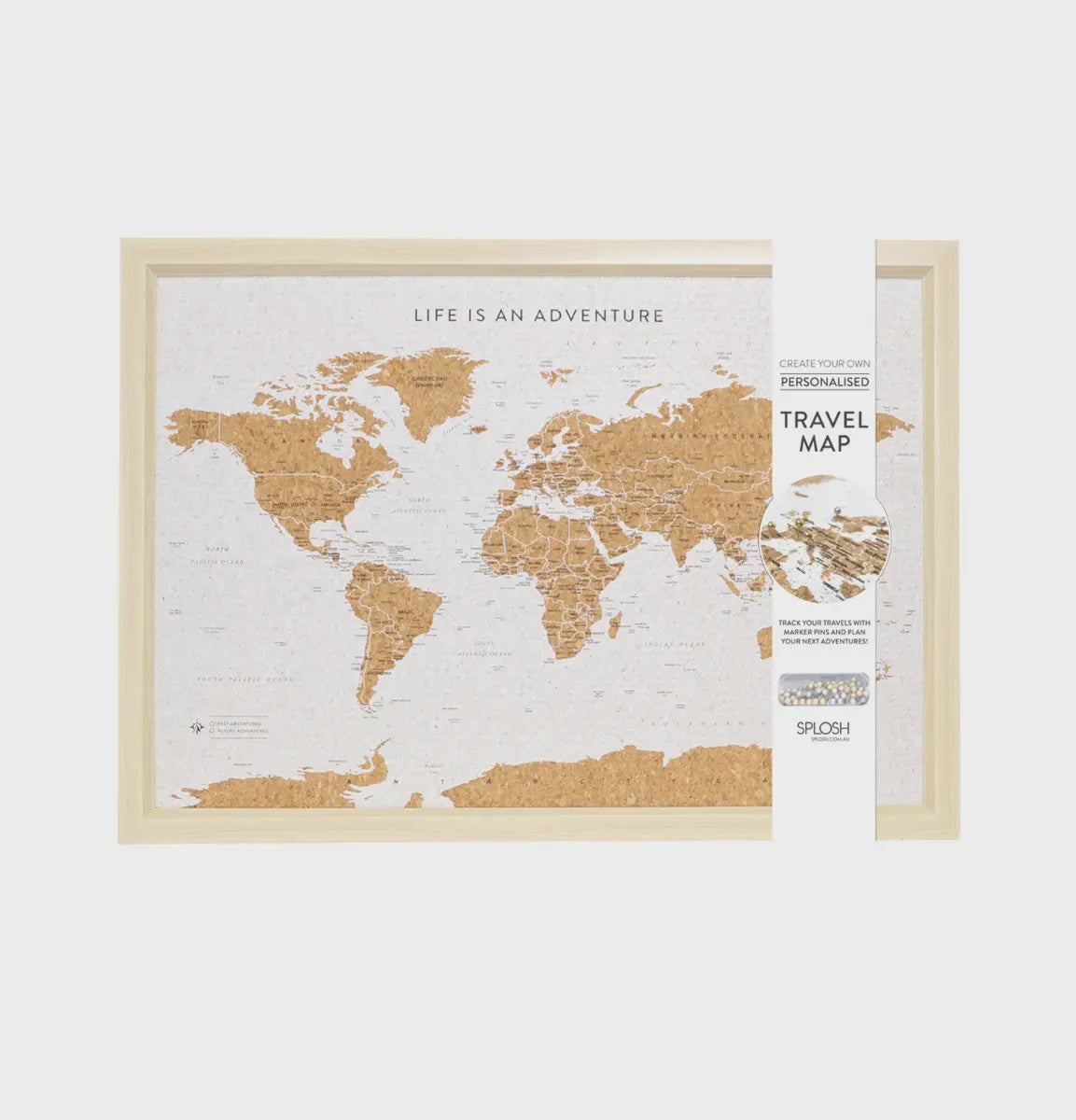 Splosh Travel Board Small World Map World map with cork texture and wooden frame