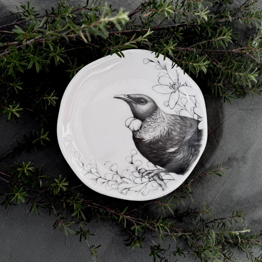 KATY HAYWARD Trinket Dish - Home Is Here - Tui Round ceramic plate with a bird and floral design