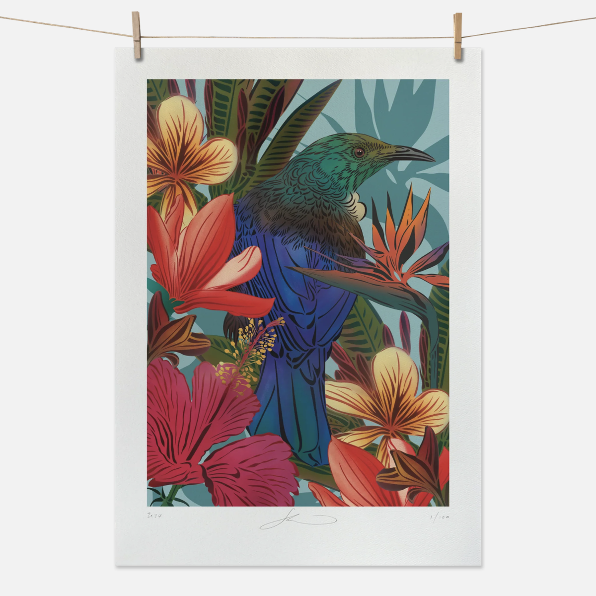 FLOX Tūī & Hibiscus Boutique Print A3 Unframed