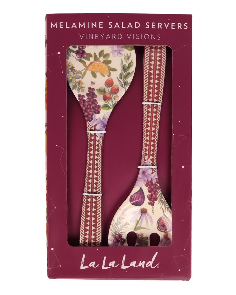 La La Land Vineyard Visions melamine salad servers in a dark magenta gift box. Vineyard Visions - Melamine Salad Servers