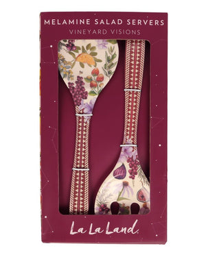 La La Land Vineyard Visions melamine salad servers in a dark magenta gift box. Vineyard Visions - Melamine Salad Servers