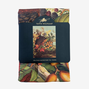 TANYA WOLFKAMP TEA TOWEL - VINTAGE - KAKA TWK-TT-003 style illustration of a bird perched on a branch with berries and leaves