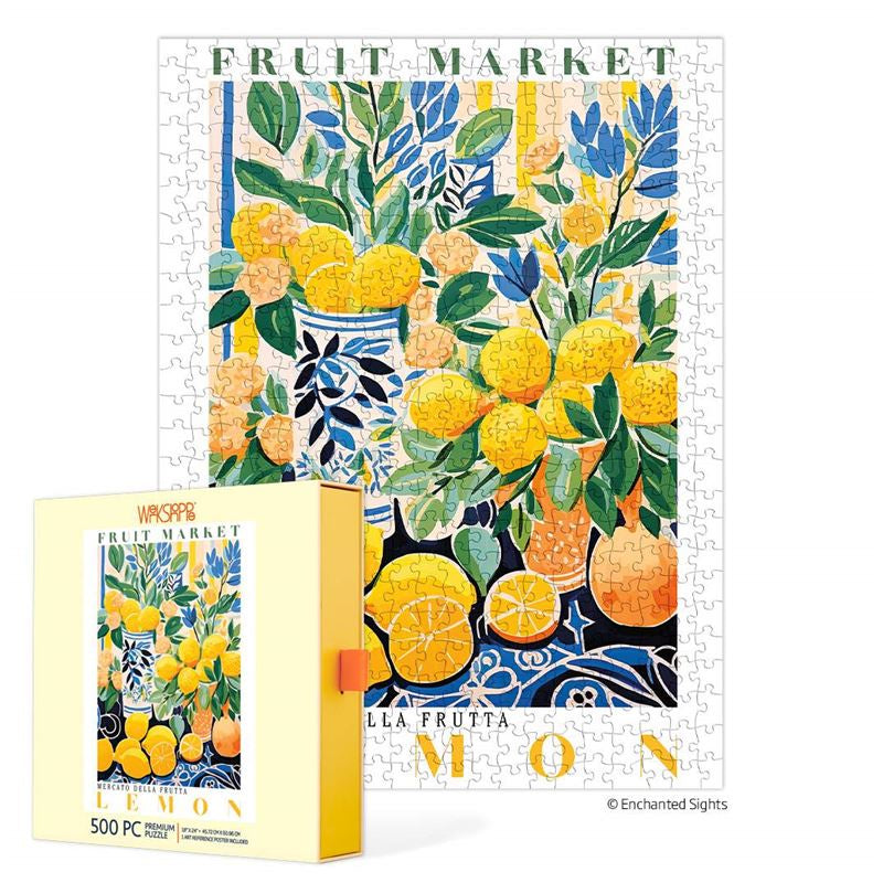 WerkShoppe - Fruit Market Lemons 500 Pce - Puzzle Jigsaw puzzle packaging with lemon design and 'Fruit Market' 