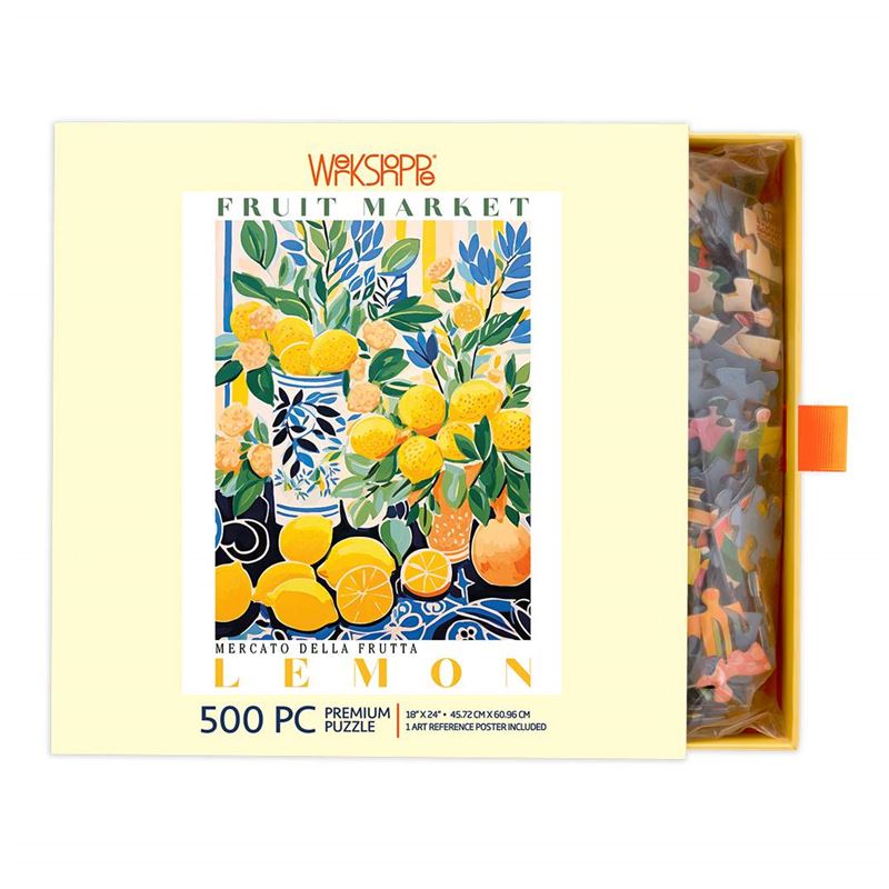 WerkShoppe - Fruit Market Lemons 500 Pce - Puzzle Jigsaw puzzle packaging with lemon design and 'Fruit Market' 