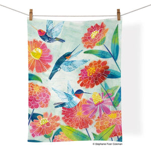 WerkShoppe - Hummers - Cotton Tea Towel Colorful towel with hummingbirds and flowers hanging