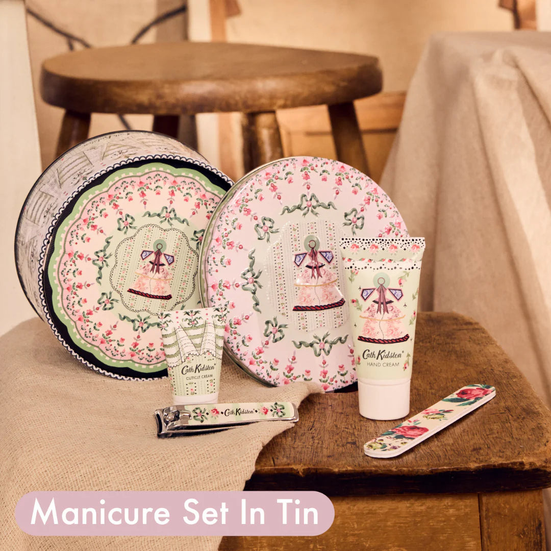 Cath Kidston product set including a hand cream, cuticle cream, and a box with floral and decorative design, Heathcote & Ivory Wild Flowers Manicure Set (HC 30ml, CC 15ml, EB & NC’s) 