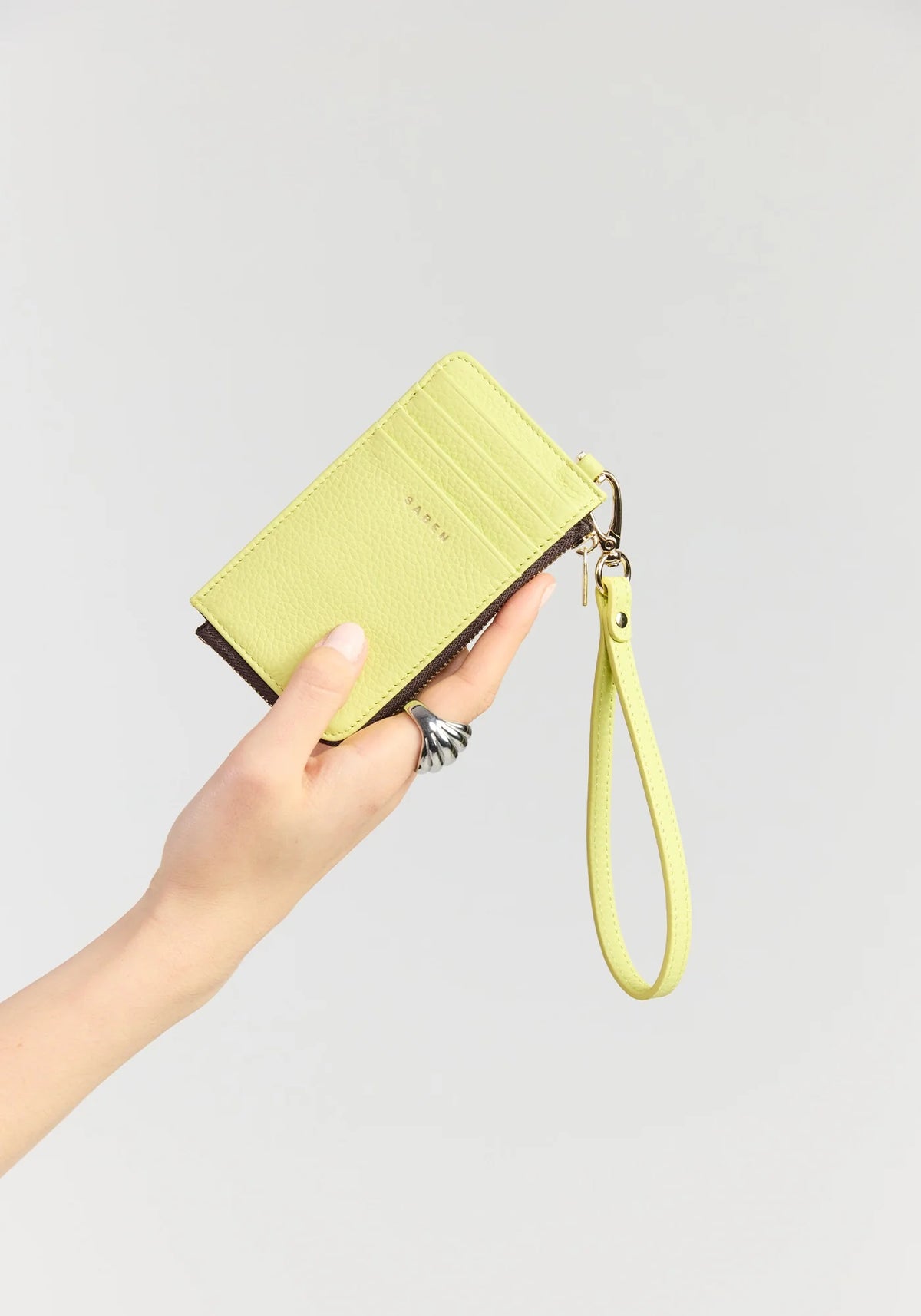 SABEN Winona Card Holder Wristlet - Pistachio lime green textured leather zip-around card holder wallet 