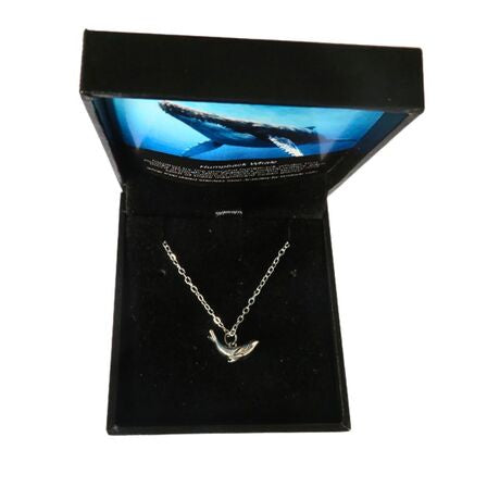 Wildside Gifts Humpback Whale Pendant A silver whale-shaped pendant necklace
