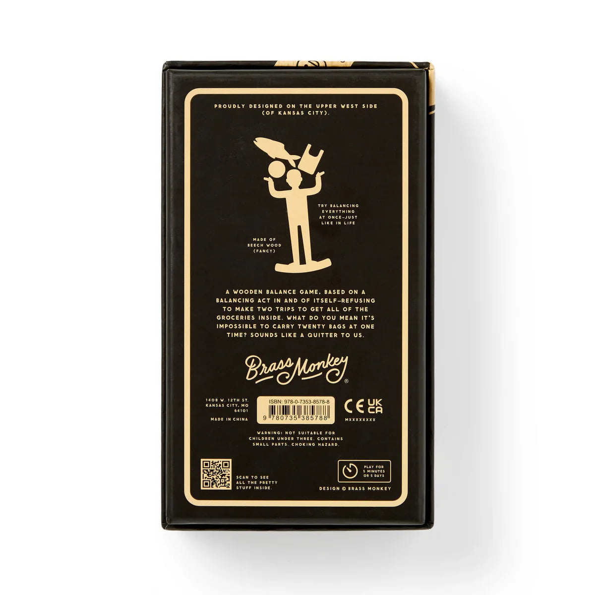 Brass Monkey One Trip Nick Wooden Balance Game Wooden balance game packaging with illustration of a person holding boxes