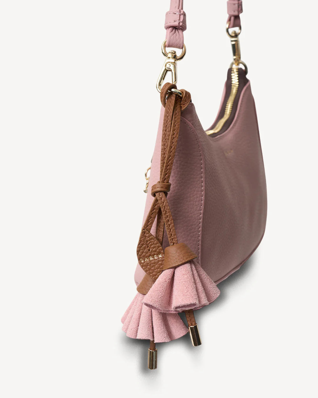 Saben Bag Charm Lacing - Desert Rose Pink tassel keychain with brown cord