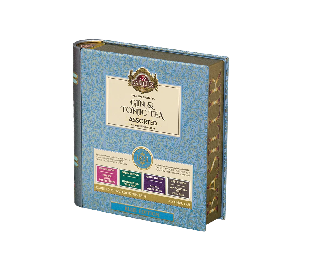 Gin & Tonic Tea- Blue Limited Edition - 32 Enveloped Tea Bags - 4 Flavours A decorative book-style tin of Asda's Gin & Tonic Tea Assorted