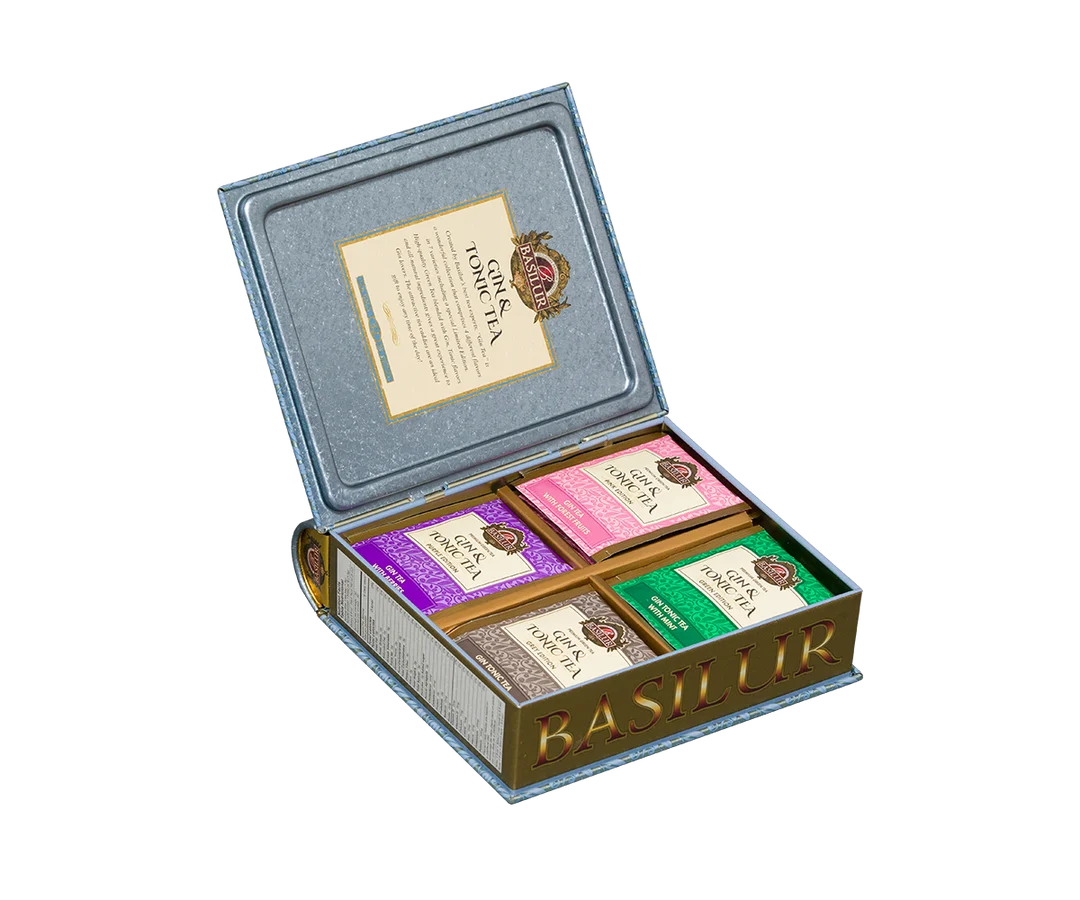 Gin & Tonic Tea- Blue Limited Edition - 32 Enveloped Tea Bags - 4 Flavours A decorative book-style tin of Asda's Gin & Tonic Tea Assorted