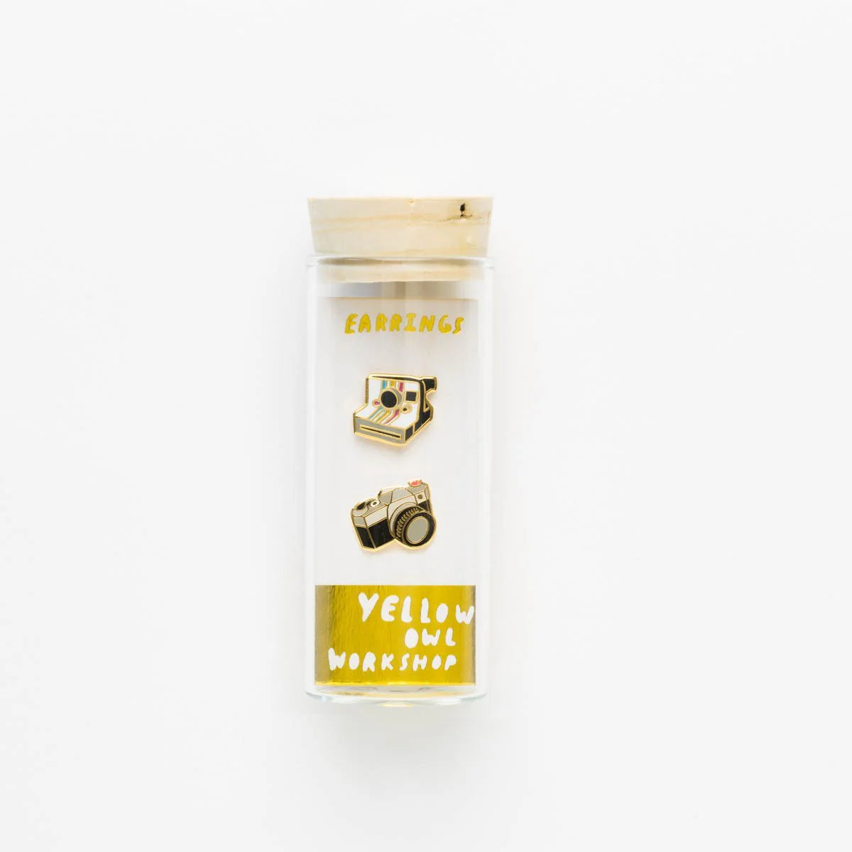 Two gold camera-shaped pins in a clear plastic case with 'Yellow Owl Workshop' branding Camera Earrings