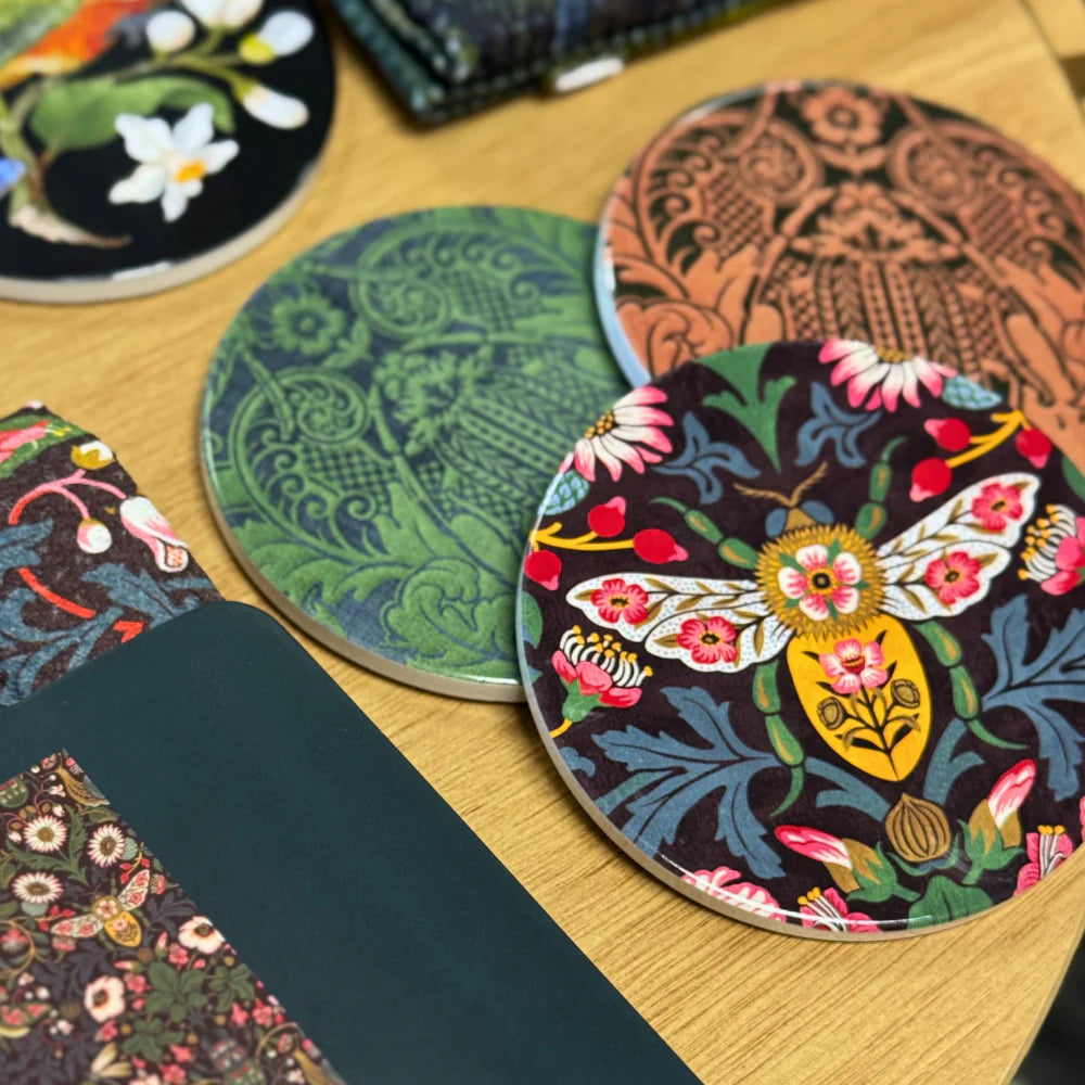 TANYA WOLFKAMP Coaster - Damask - Bee Round coaster with floral and insect design