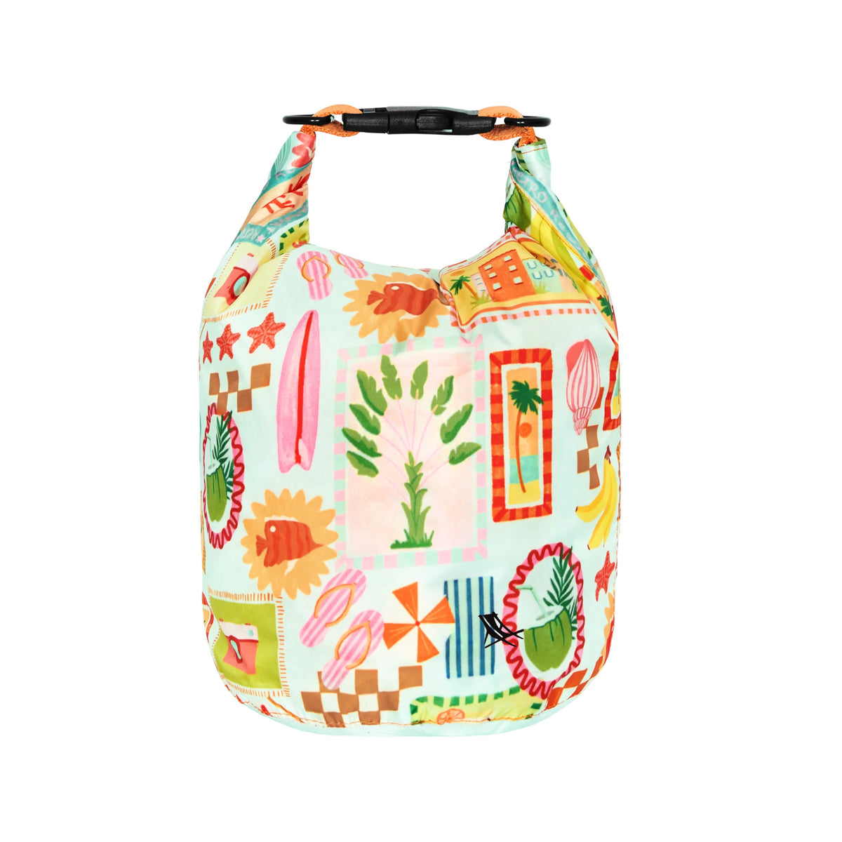 Dock & Bay Dry Bag 5L - Wish You Were Here A small dry bag with a colorful patchwork print featuring beach and tropical motifs, an orange webbing strap, and a black quick-release buckle