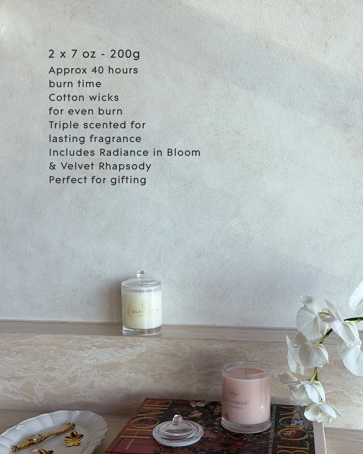 Glasshouse GF 2 x 200g Candle Duo - Radiance In Bloom 2026 soy candle duo set with floral design on packaging