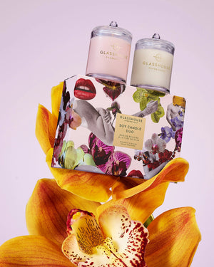 Glasshouse GF 2 x 200g Candle Duo - Radiance In Bloom 2026 soy candle duo set with floral design on packaging