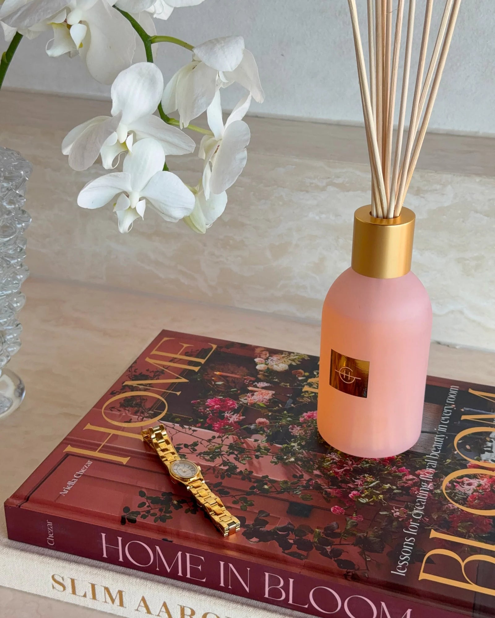 Glasshouse GF 250ml Diffuser - Radiance In Bloom 2026 Pink diffuser bottle with gold cap and floral packaging