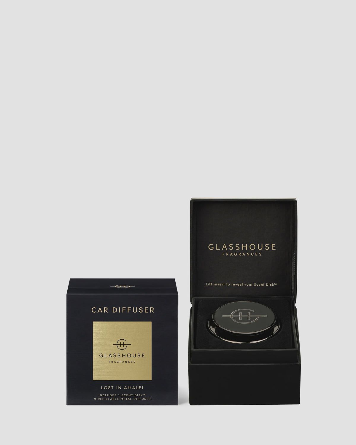 Glasshouse Fragrances car diffuser GF Black with 1 Replacement Scent Disk - Amalfi