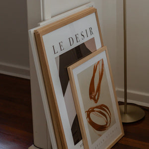 PAPIER HQ  ENCLOSED PRINT RUST Abstract art print with brown brush strokes on a beige background, featuring 'Papier Studio' branding.