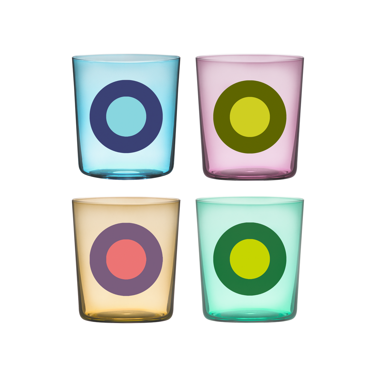 Four colorful glass tumblers with circular designs REMEMBER Drinking glasses Dots No. 2 - Set of 4