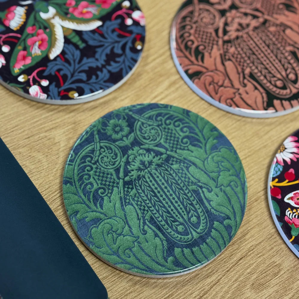 TANYA WOLFKAMP Coaster - Damask - Huhu Green Decorative intricate green and blue beetle design