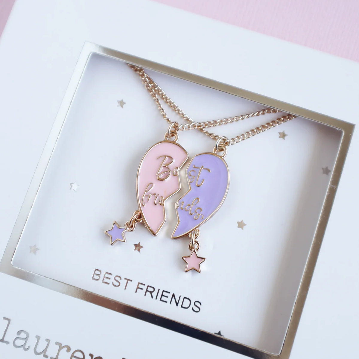 Forever Heart Best Friends Set (2 necklaces) Two interlocking heart-shaped best friends necklaces in a 'Best Friends' box with 'Lauren Hinkley Australia' branding
