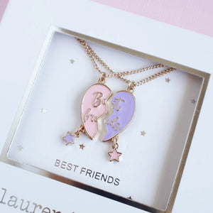 Forever Heart Best Friends Set (2 necklaces) Two interlocking heart-shaped best friends necklaces in a 'Best Friends' box with 'Lauren Hinkley Australia' branding