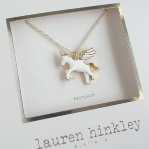 Flying Unicorn Necklace Unicorn necklace on a display card with 'Lauren Hinkley Australia' 