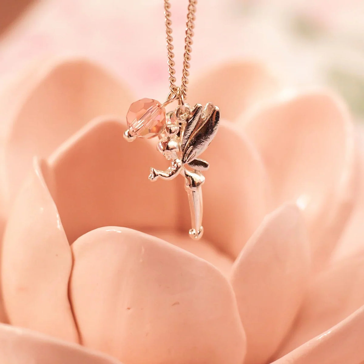 LAUREN HINKLEY Fairy Necklace Silver fairy pendant necklace with a pink bead