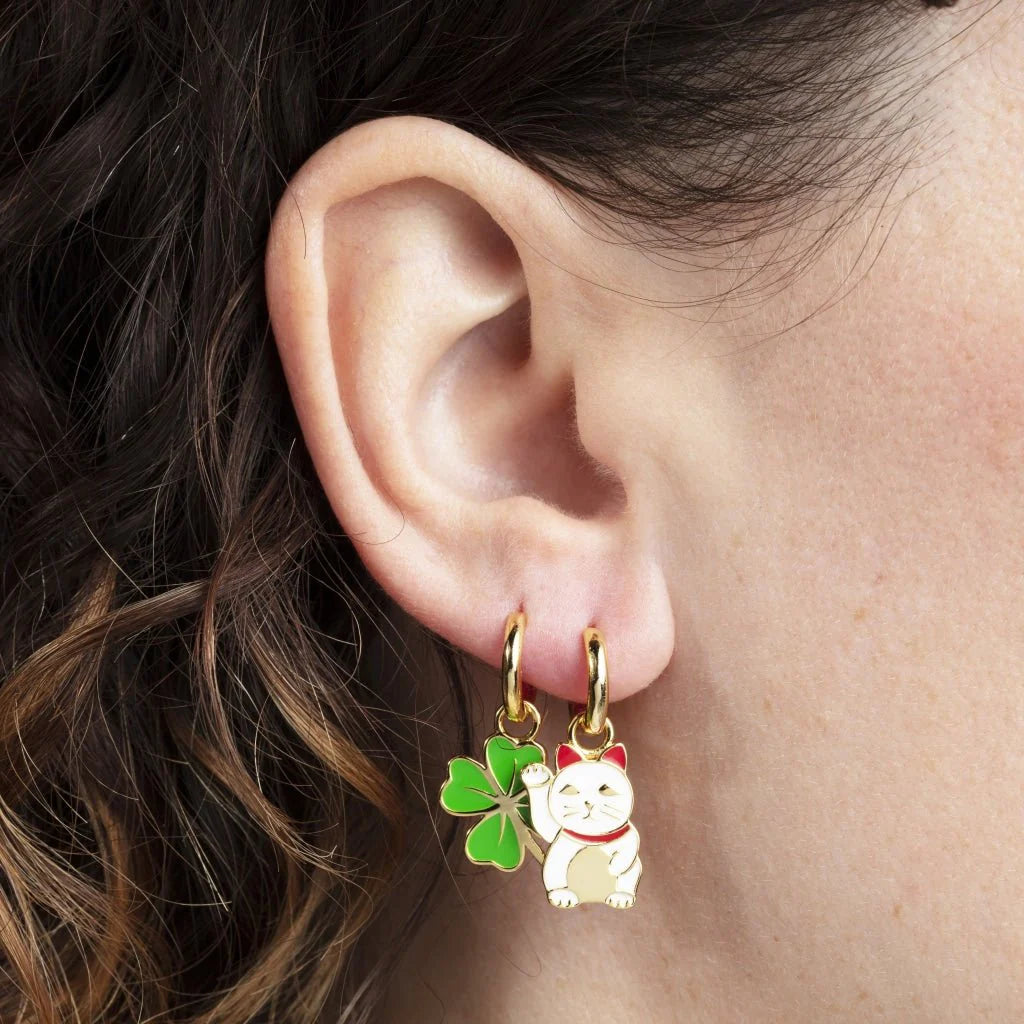Lucky Cat & Clover Hoop Earrings 'Yellow Owl Workshop'